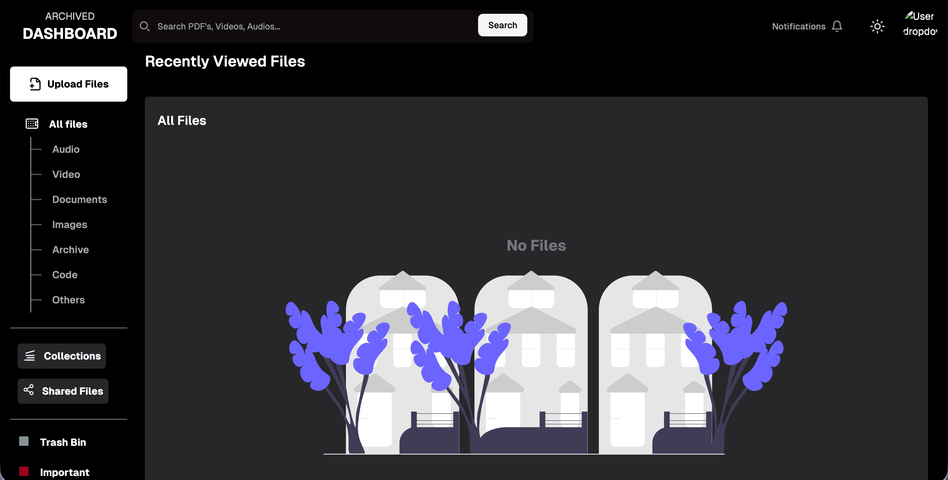 Archived cloud storage dashboard with file categories and collections