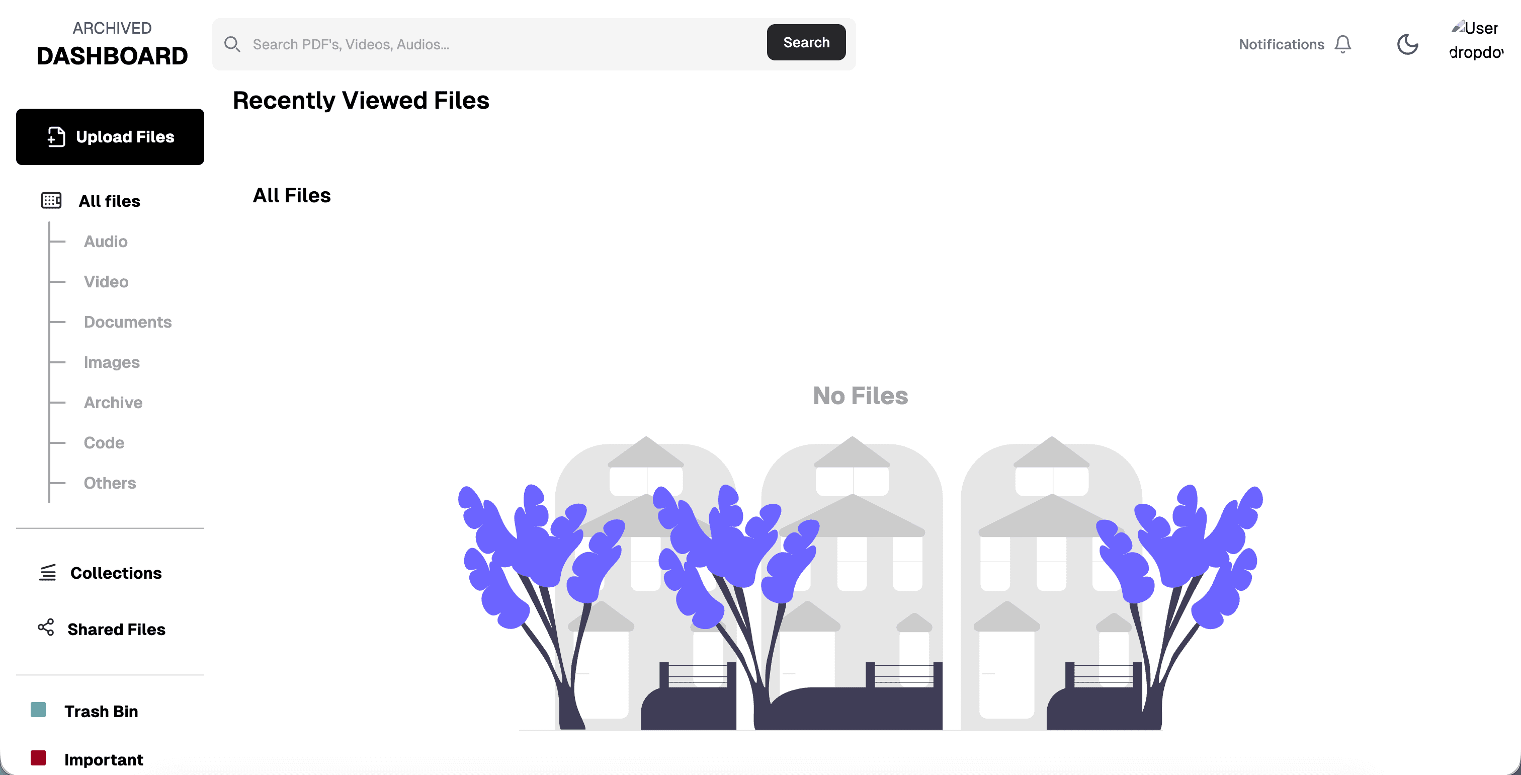 Archived cloud storage dashboard with file categories and collections