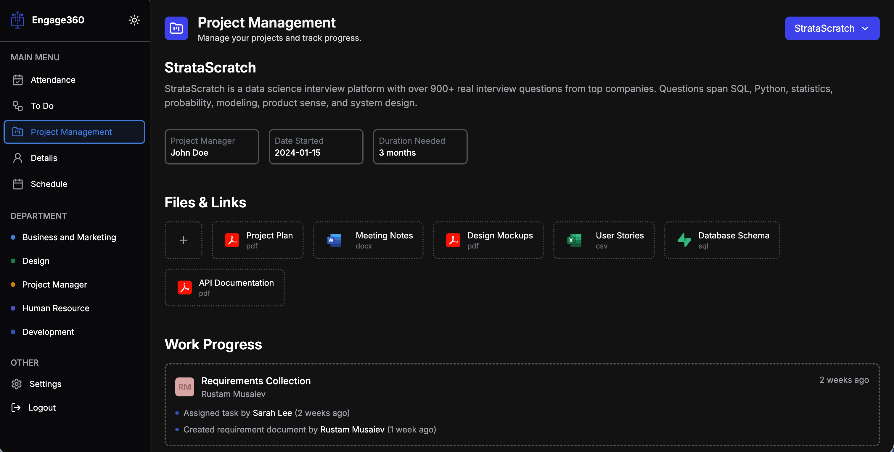 Engage360 project management dashboard with files, links and work progress