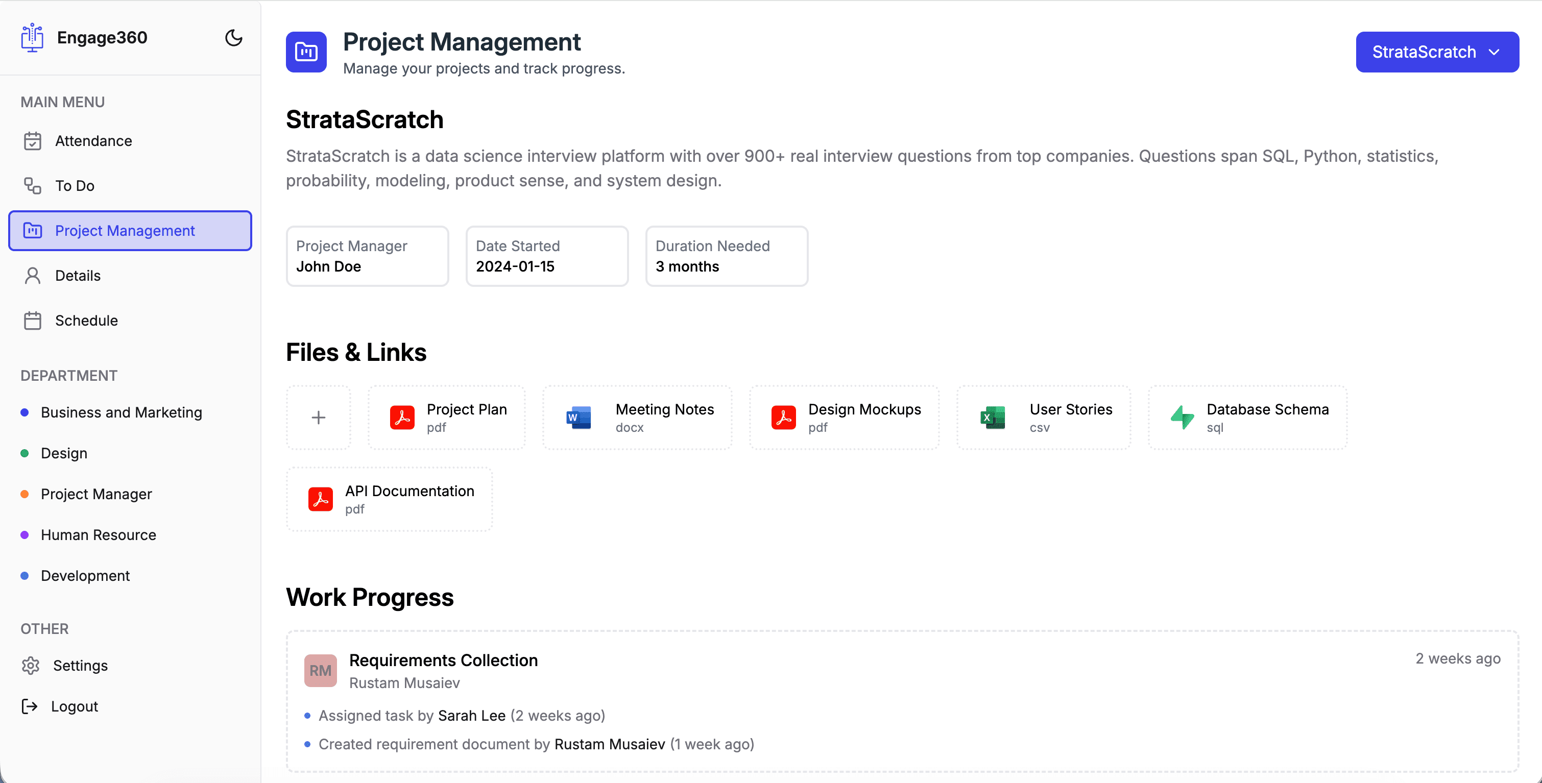 Engage360 project management dashboard with files, links and work progress