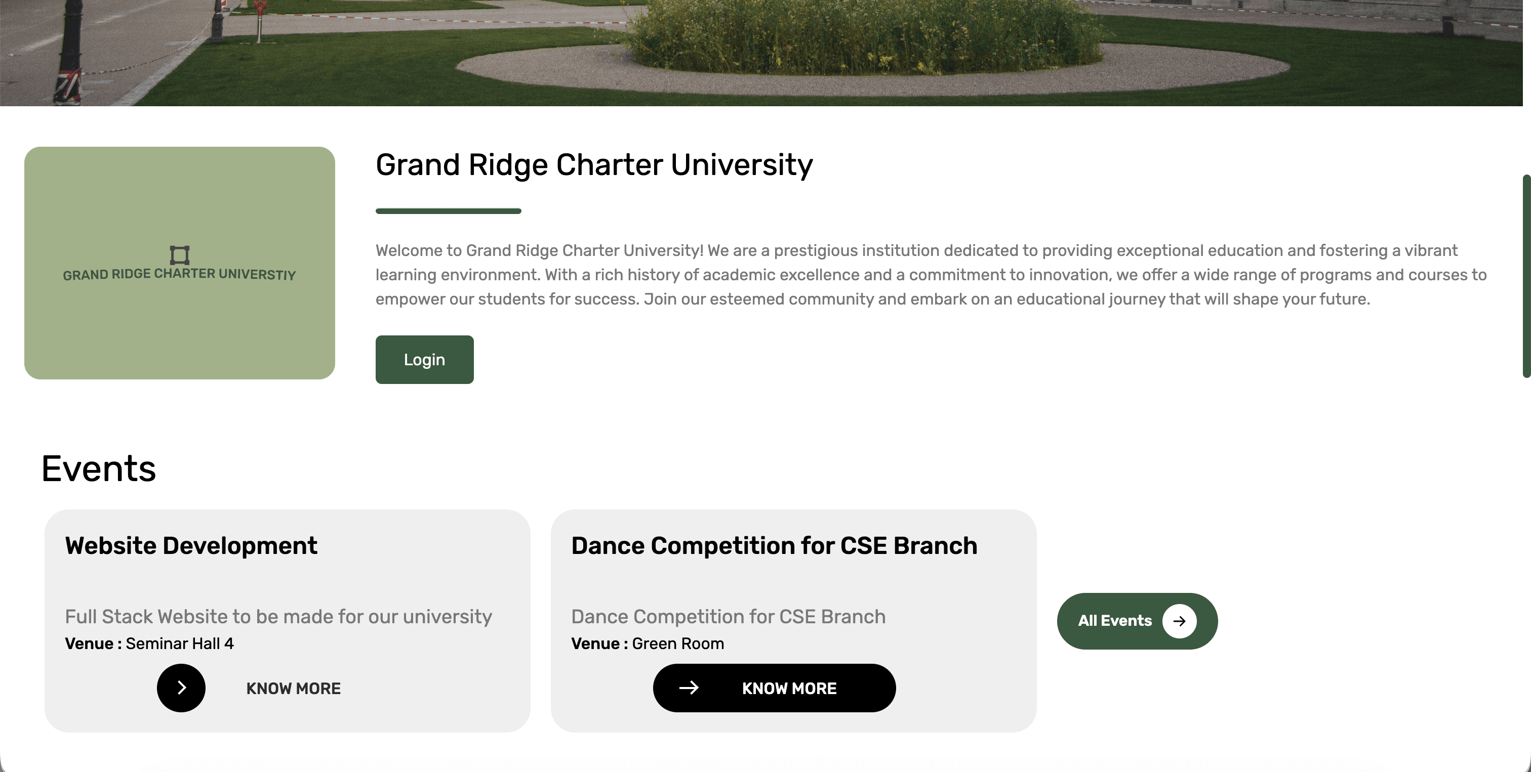 GRC University landing with campus overview and events